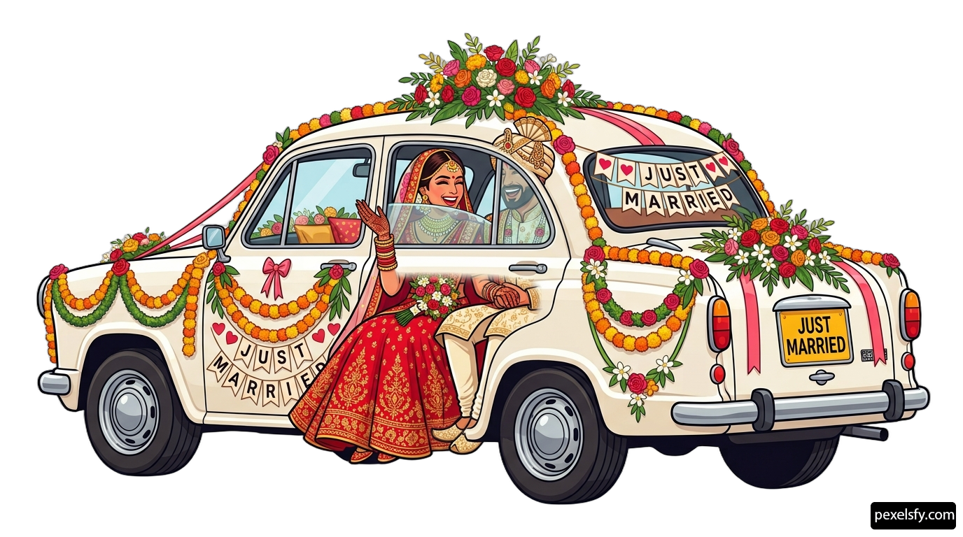 Bride and groom sitting in the back of a wedding car png transparent background