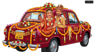 Bride and groom sitting in the back of a red car png transparent background