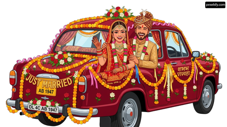 Bride and groom sitting in the back of a red car png transparent background