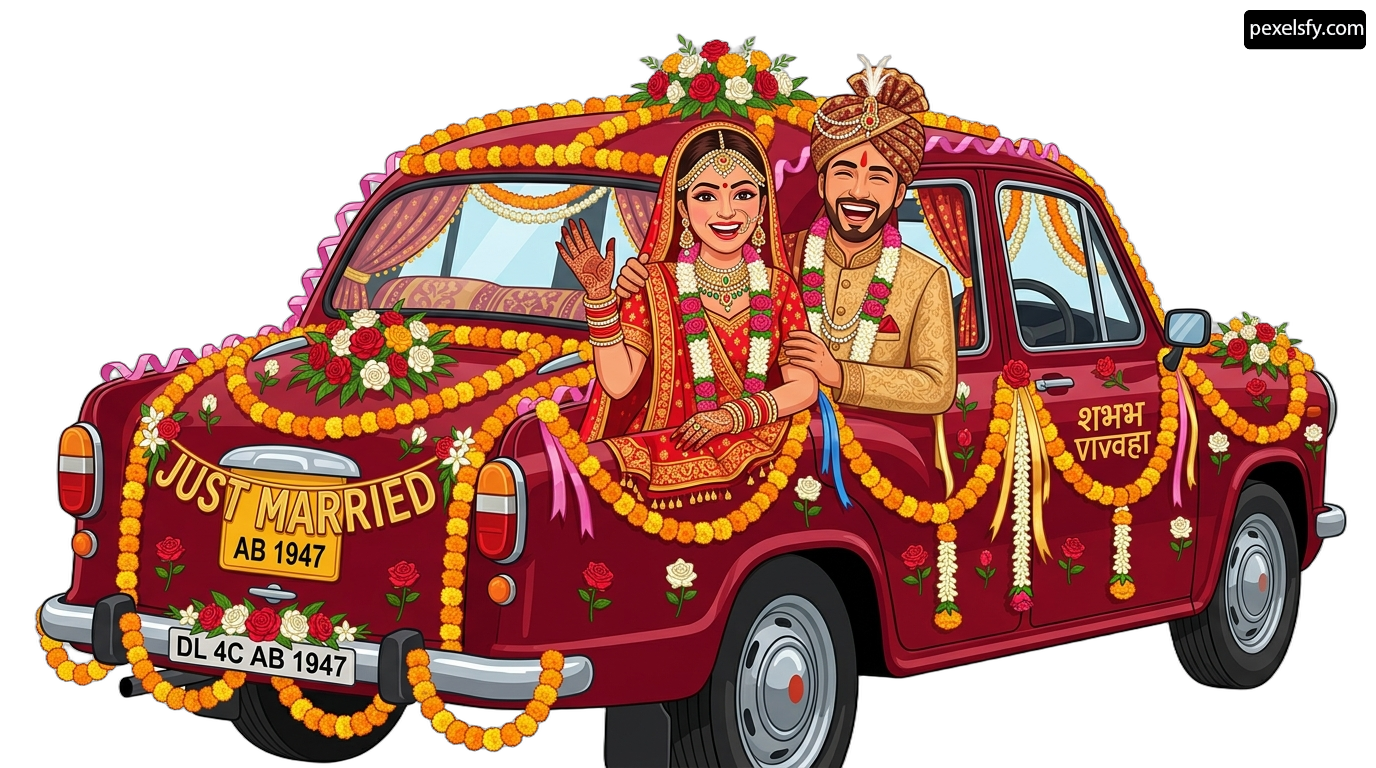 Bride and groom sitting in the back of a red car png transparent background