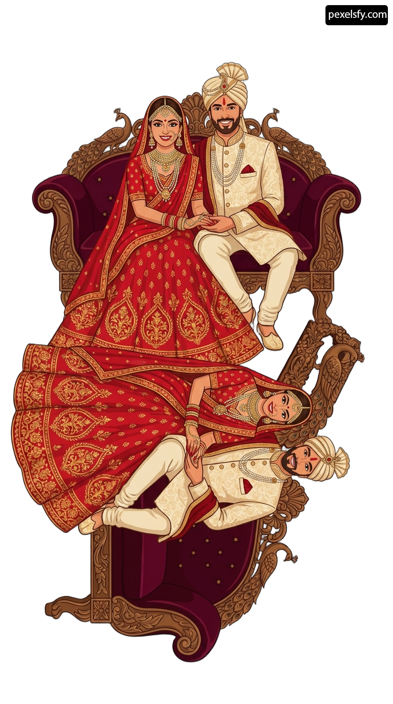 Bride and groom sitting on a red couch png transparent background
