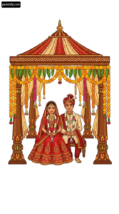 Bride and groom sitting under a gazebo decorated with flowers png transparent background