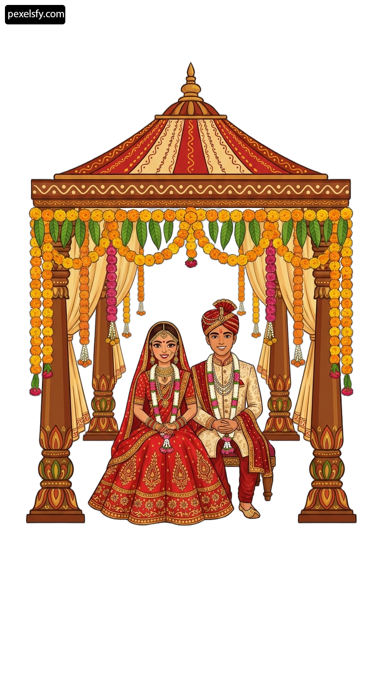 Bride and groom sitting under a gazebo decorated with flowers png transparent background