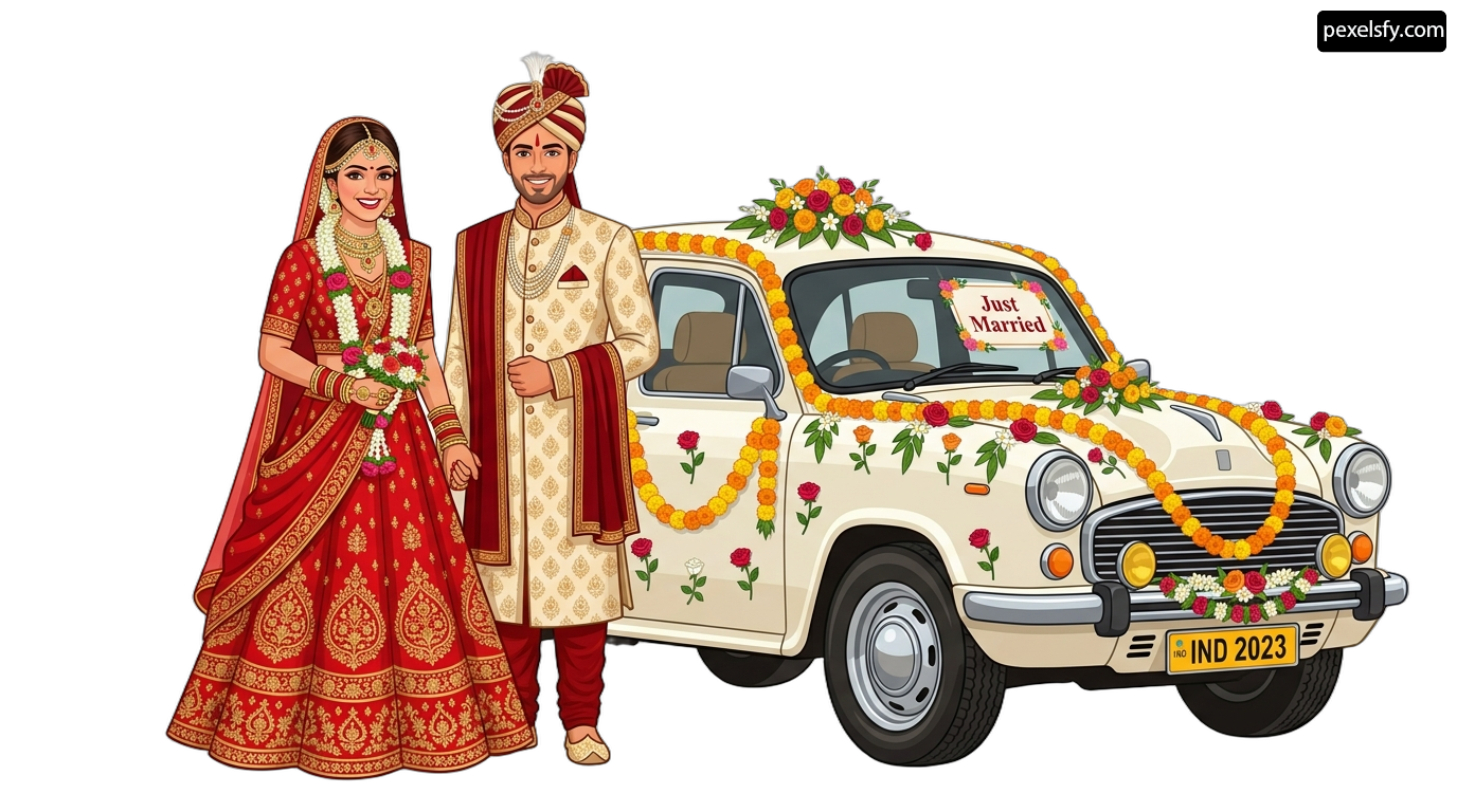 Bride and groom standing in front of a wedding car png transparent background