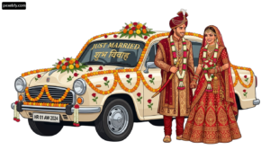 Bride and groom standing in front of a wedding car png transparent background