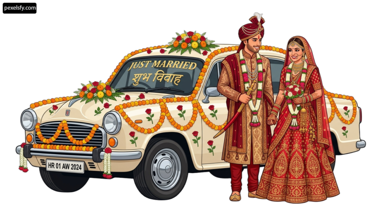 Bride and groom standing in front of a wedding car png transparent background