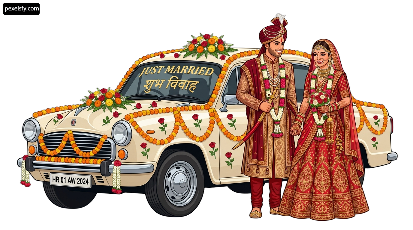 Bride and groom standing in front of a wedding car png transparent background
