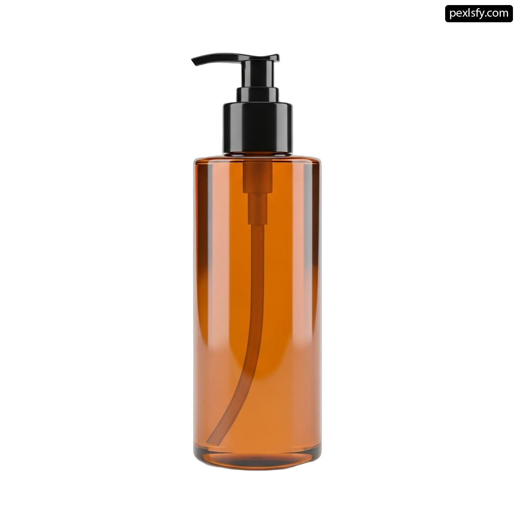 Brown glass bottle with a black pump on it png transparent background