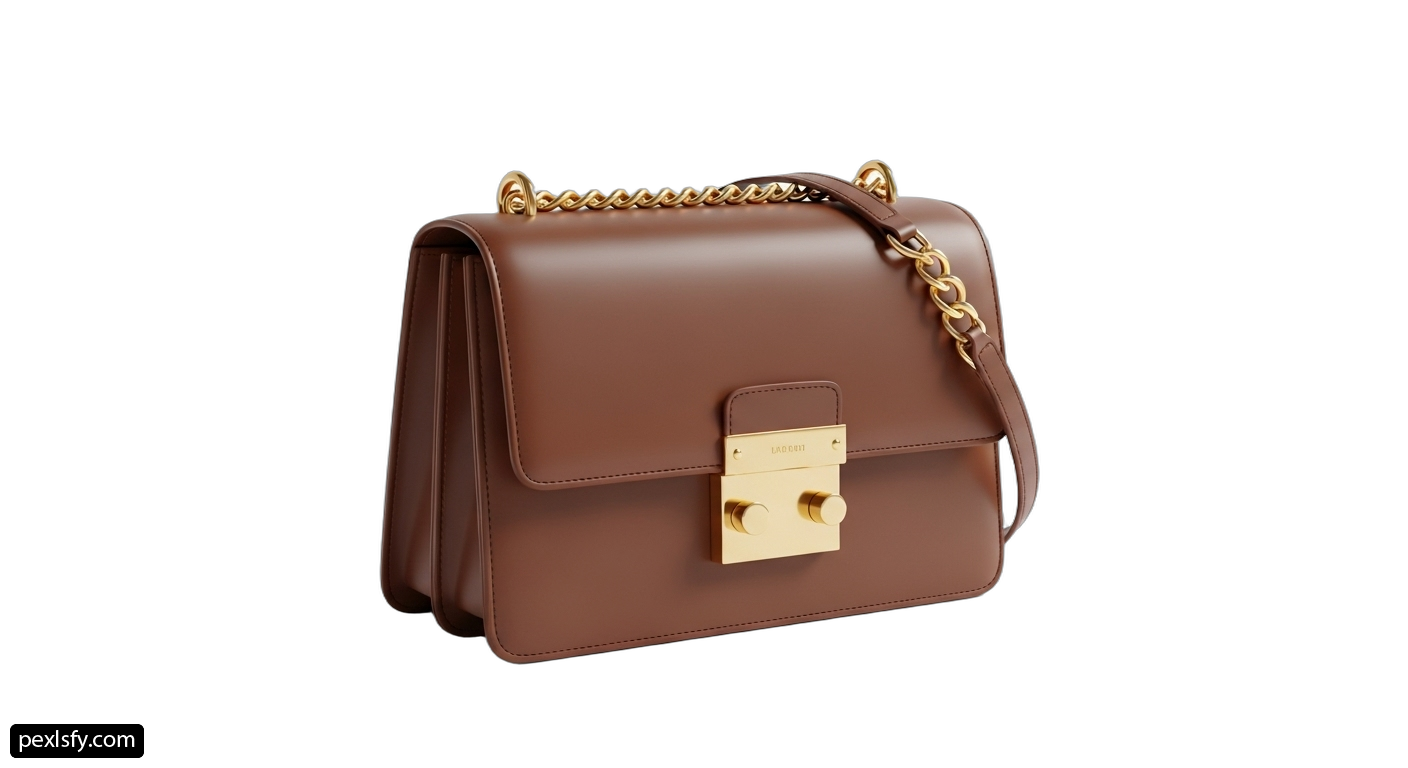 Brown handbag with a gold lock on it png transparent background