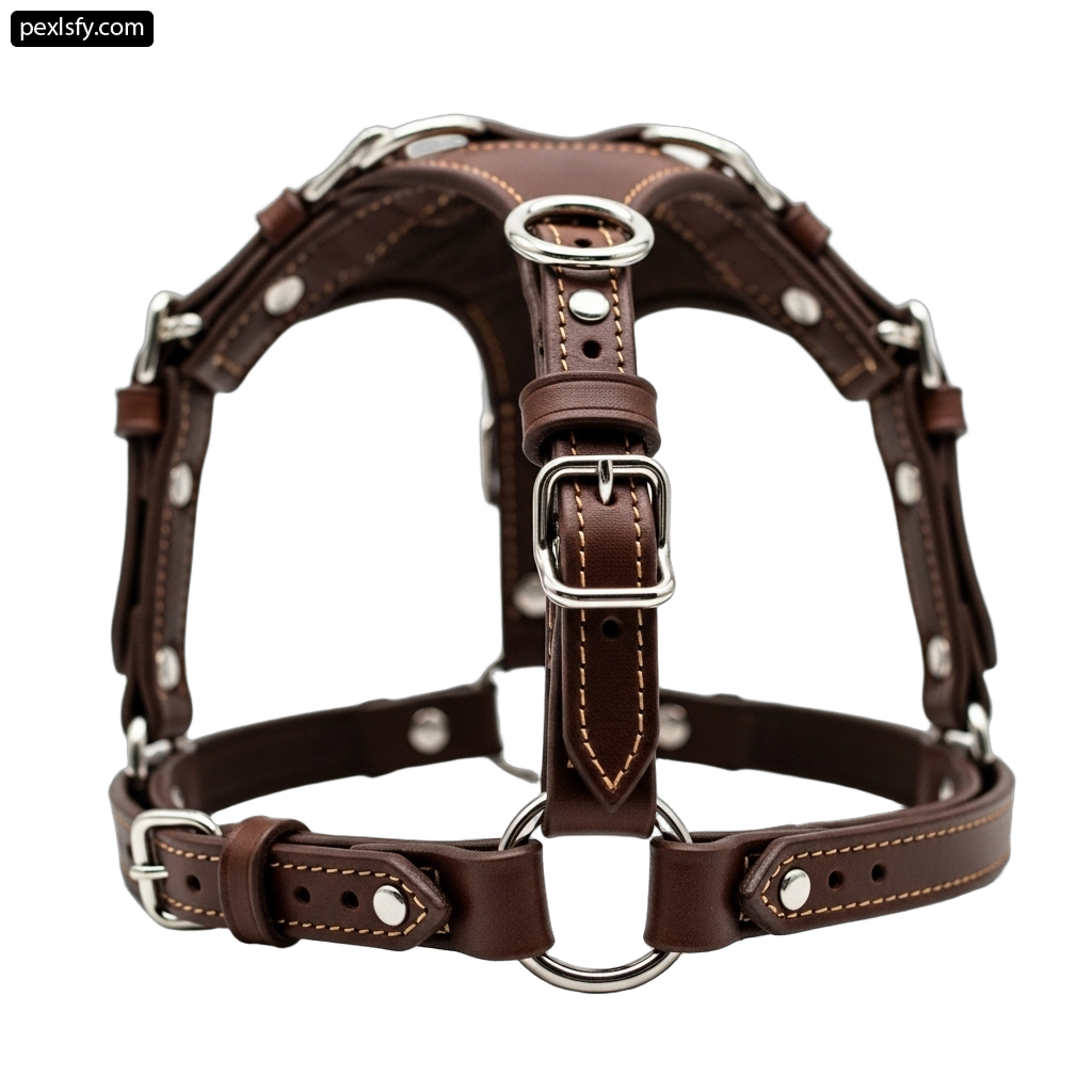 Brown leather dog harness on a white background png transparent background