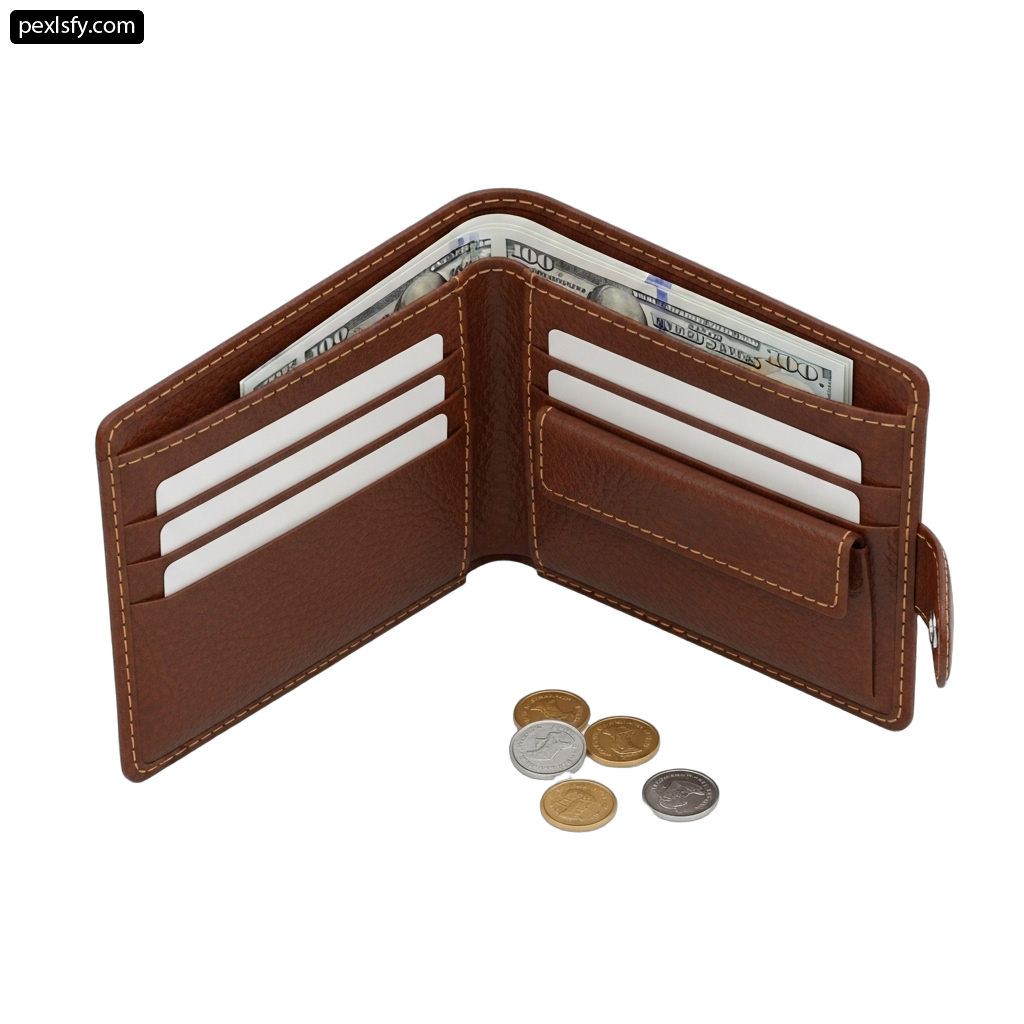Brown leather wallet with a few coins in it png transparent background