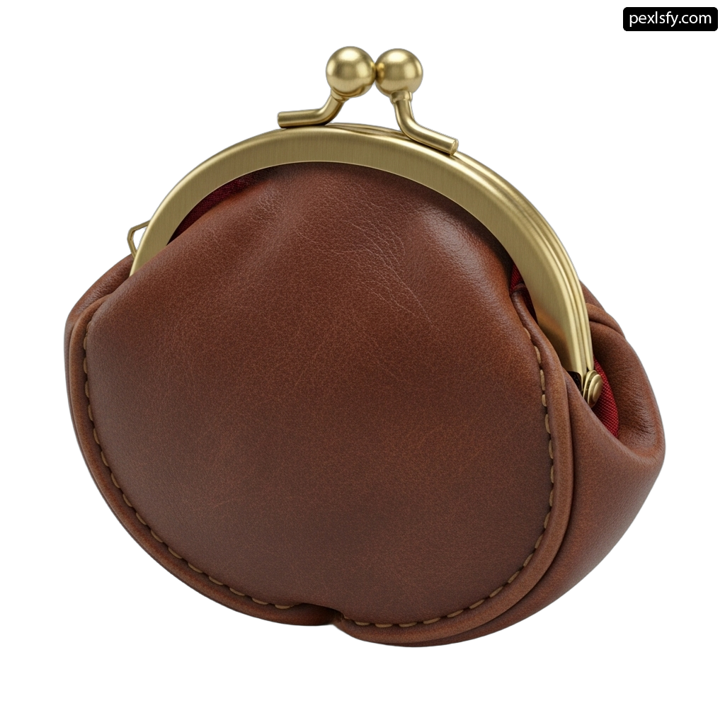 Brown purse with a gold handle on a white background png transparent background