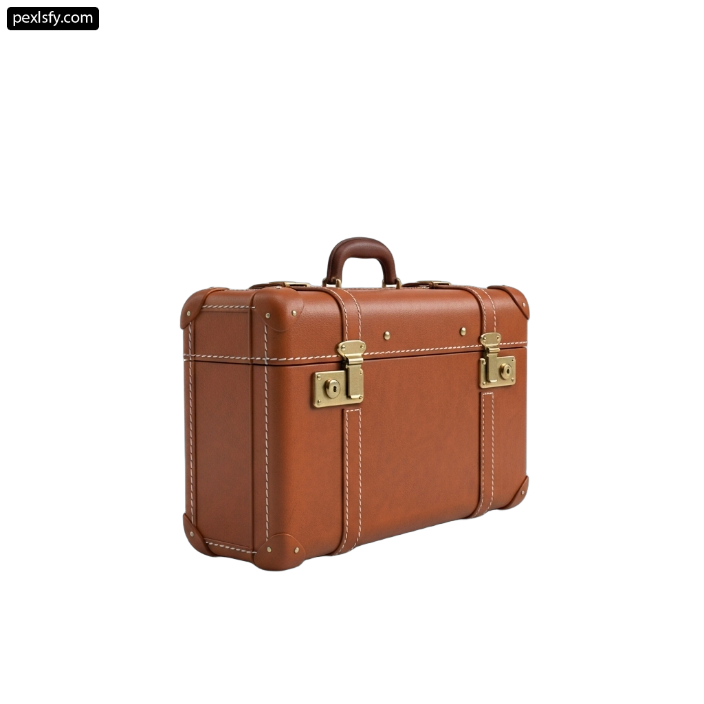 Brown suitcase sitting on top of a white surface png transparent background