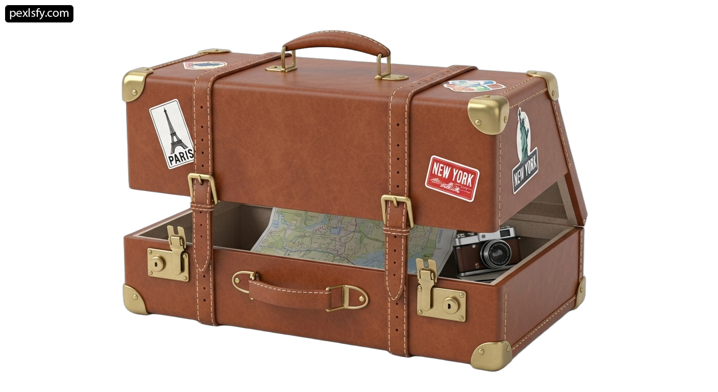 Brown suitcase with a camera inside of it png transparent background