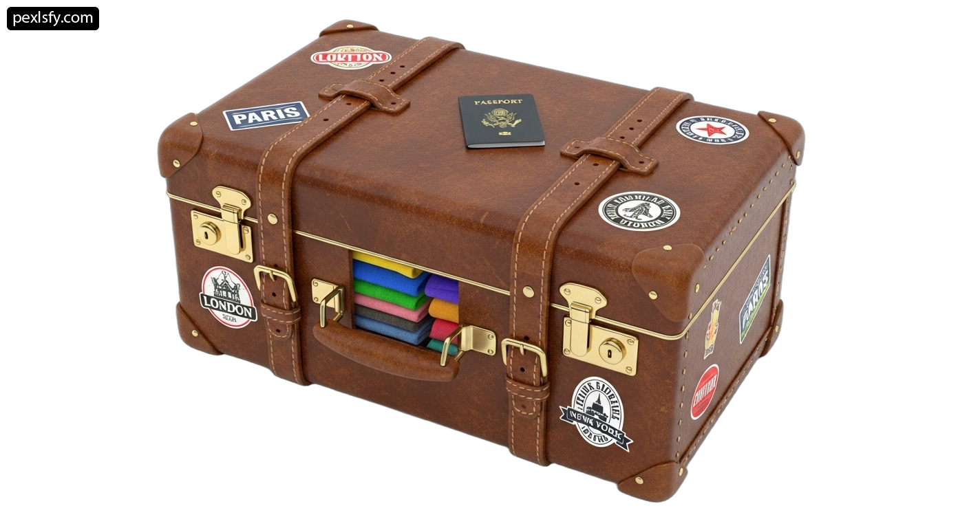Brown suitcase with patches on it sitting on a white surface png transparent background
