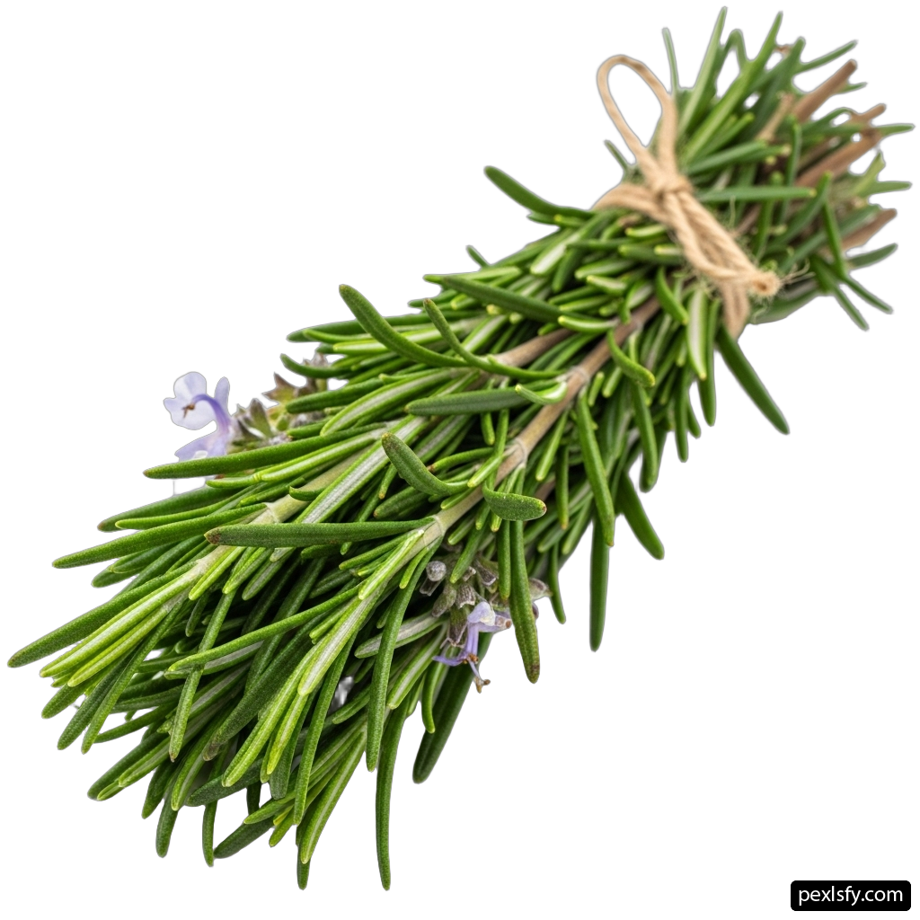 Bunch of fresh rosemary tied up with twine png transparent background