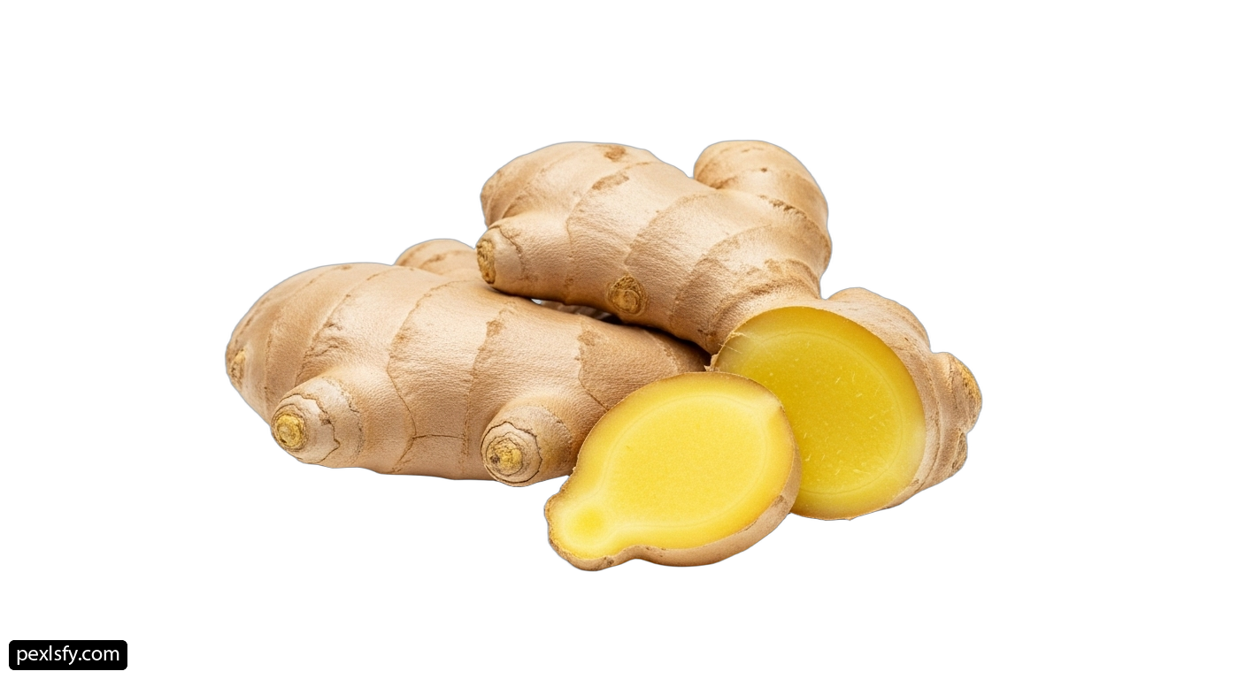 Bunch of ginger cut in half on a white background png transparent background