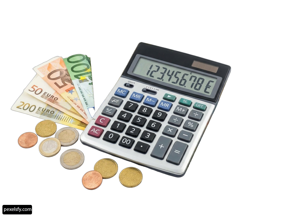 Calculator, money, and coins on a white background png transparent background