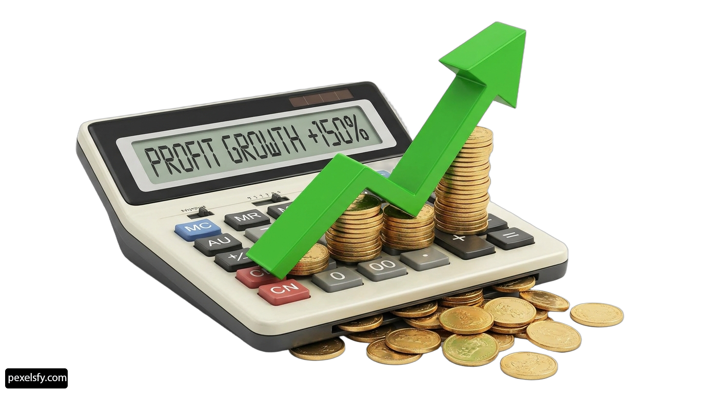 Calculator with a green arrow on top of a pile of coins png transparent background