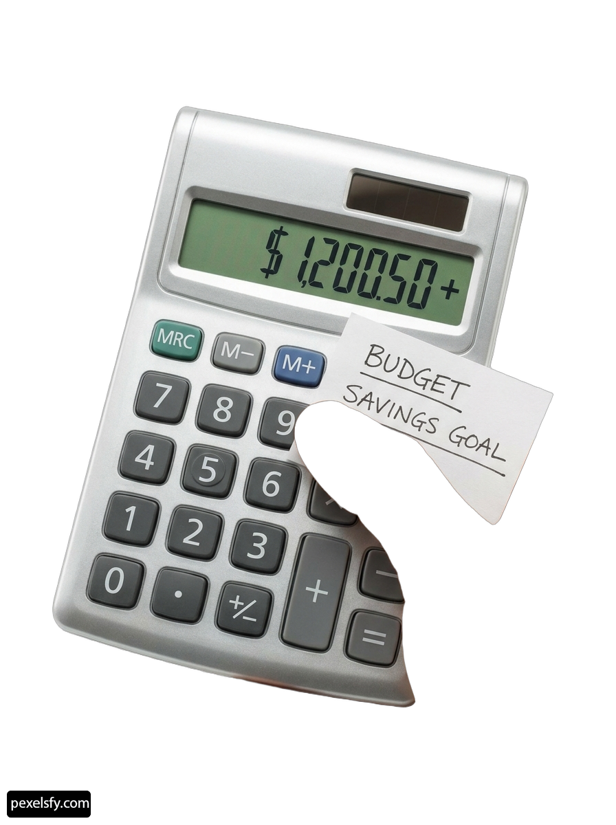 Calculator with a note attached to it that says budget savings goal png transparent background