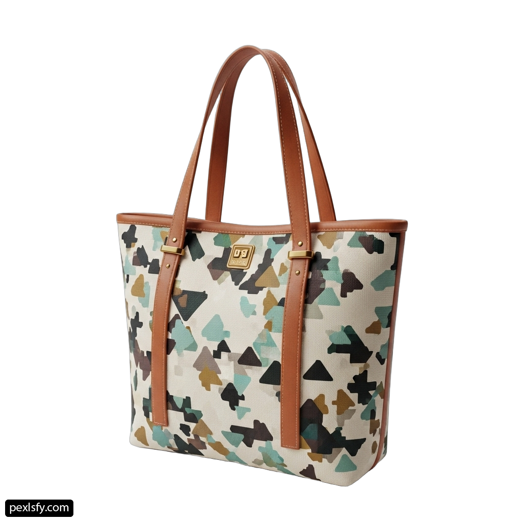 Camouflage print tote bag with brown leather handles png transparent background