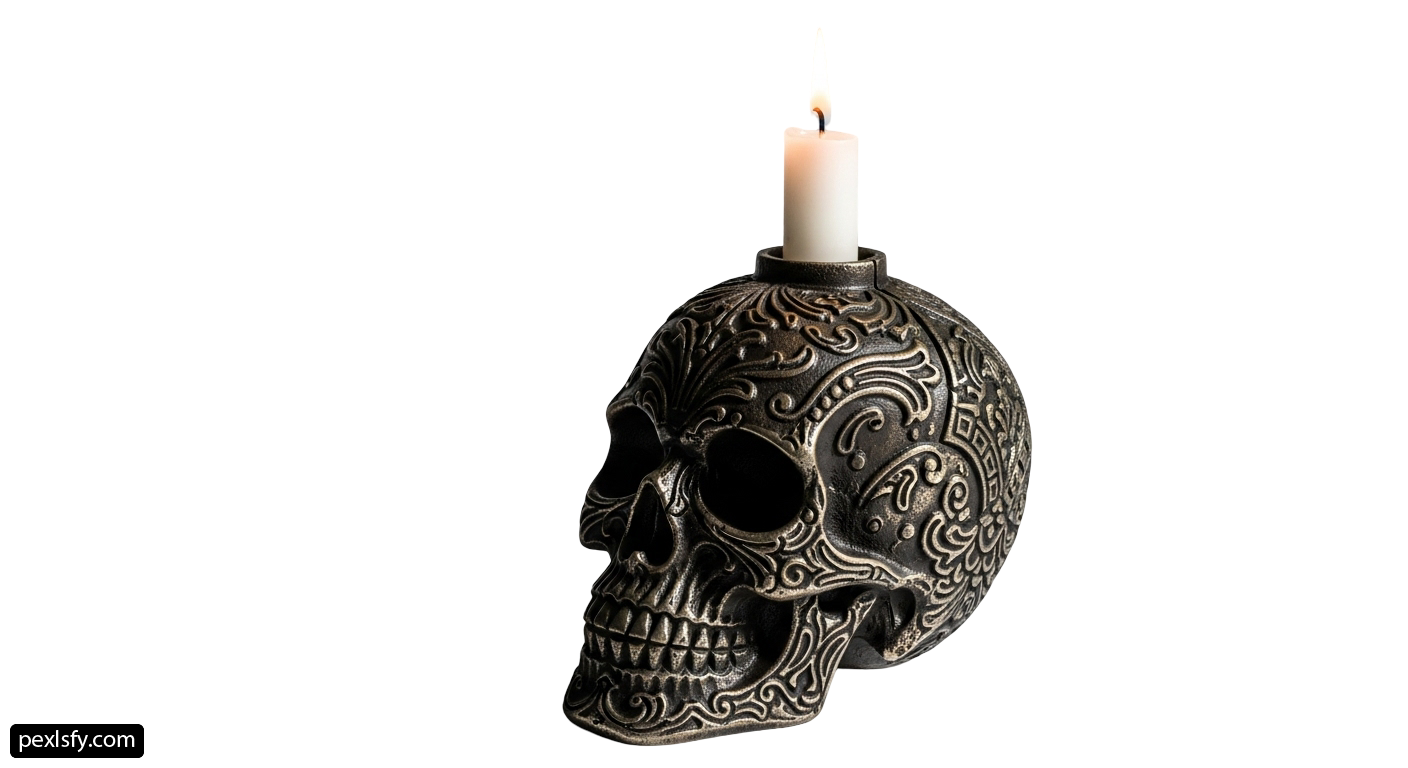 Candle holder with a skull design on it png transparent background