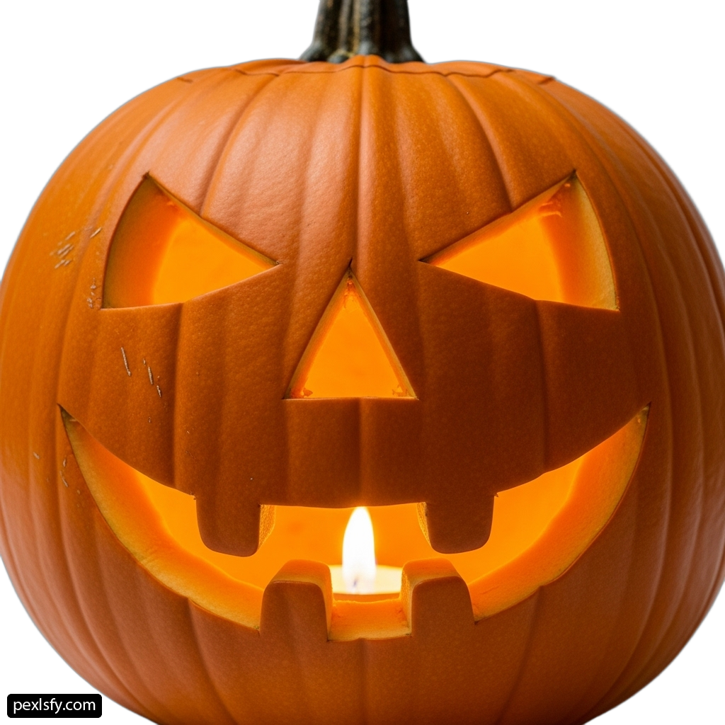 Carved pumpkin with a lit candle inside of it png transparent background