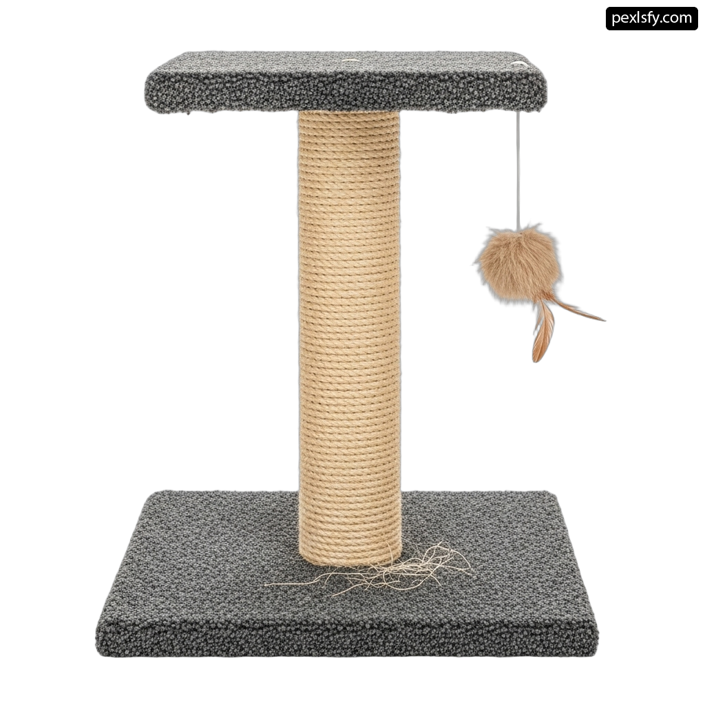 Cat scratching post with a cat toy hanging from it png transparent background