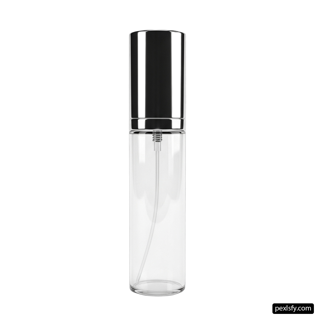 Clear glass bottle with a black cap on a white background png transparent background