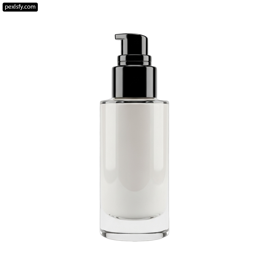 Clear glass bottle with a black pump on it png transparent background