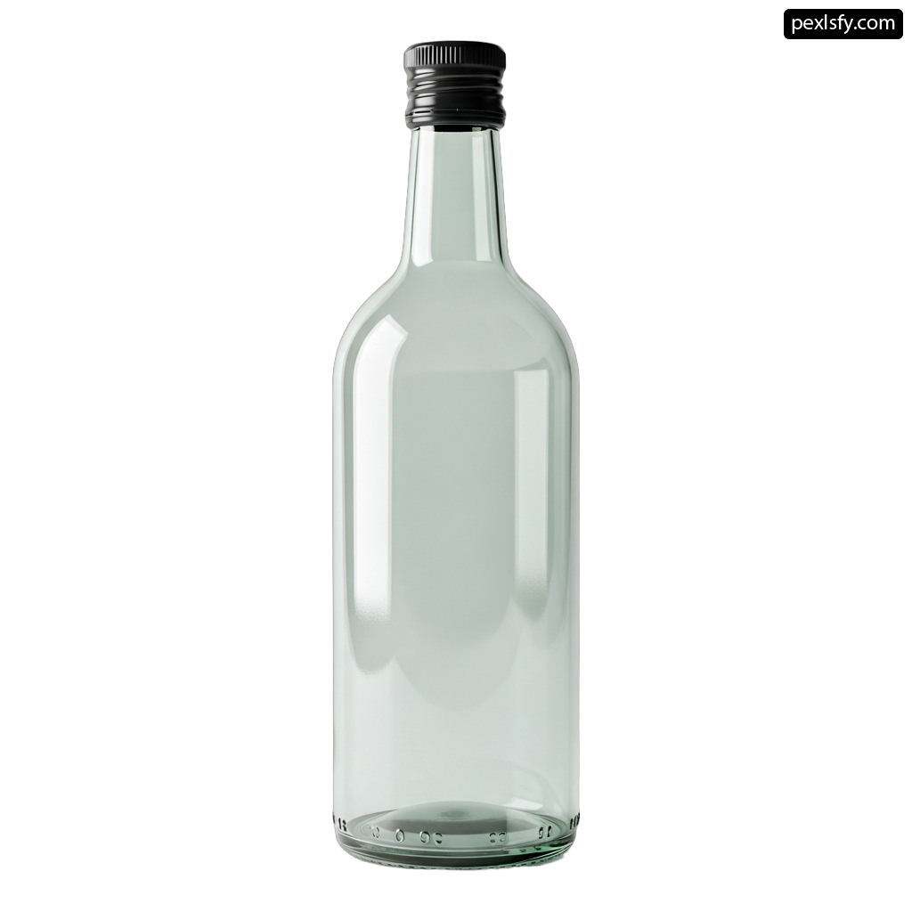Clear glass bottle with a black cap png transparent background
