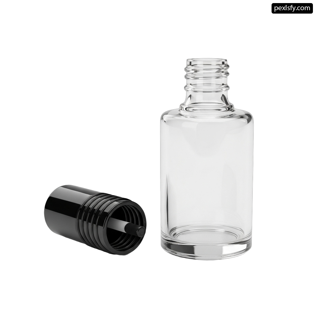 Clear glass bottle with a black cap png transparent background