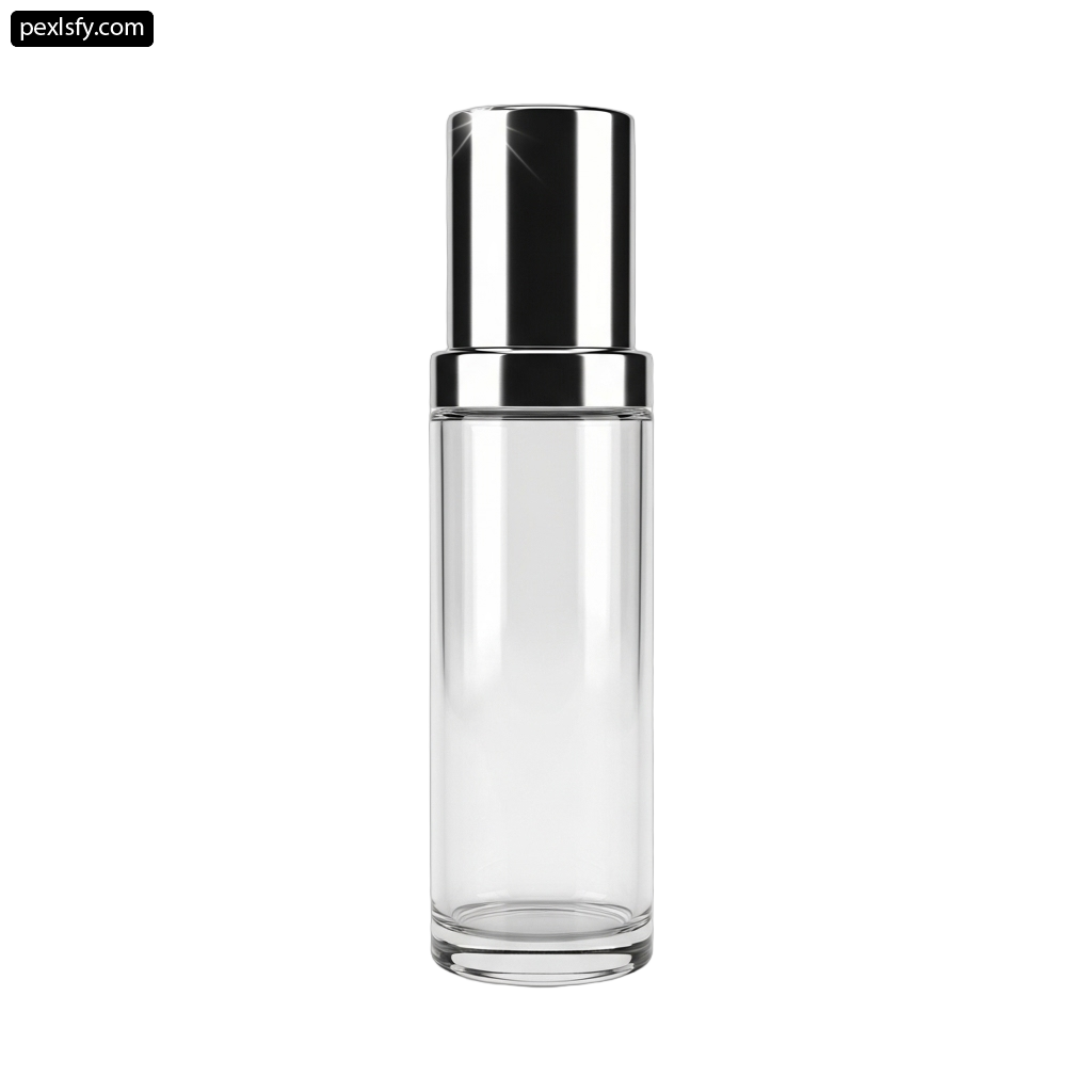 Clear glass bottle with a black cap on a white background png transparent background