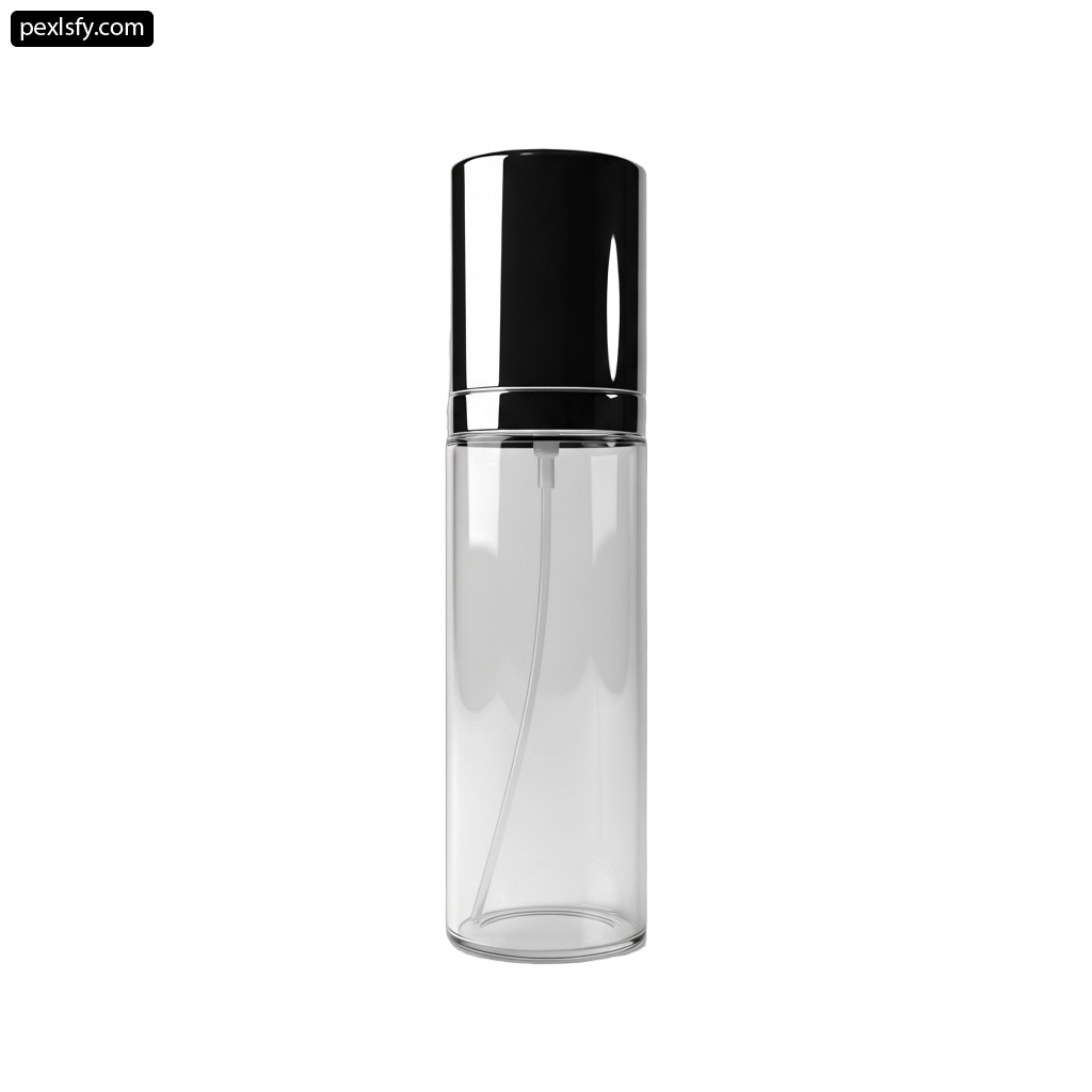 Clear glass bottle with a black cap on a white background png transparent background