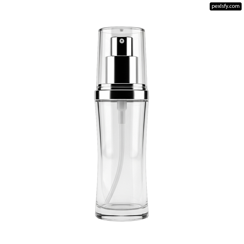 Clear glass bottle with a black pump on it png transparent background
