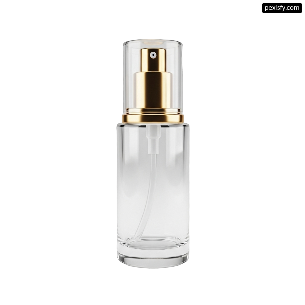 Clear glass bottle with a gold sprayer on top png transparent background