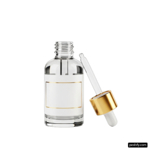 Clear glass bottle with a gold dropper png transparent background
