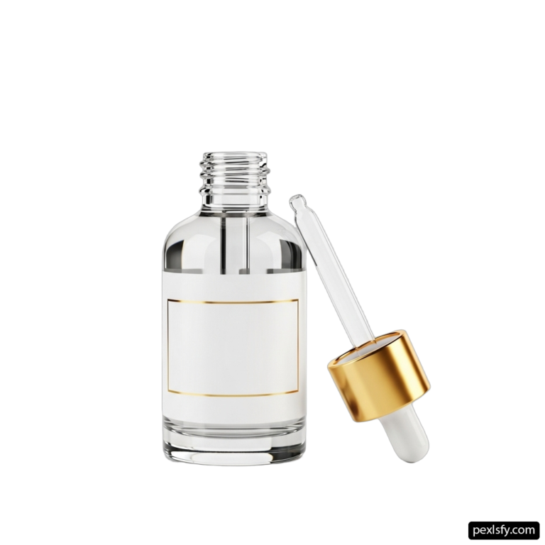 Clear glass bottle with a gold dropper png transparent background