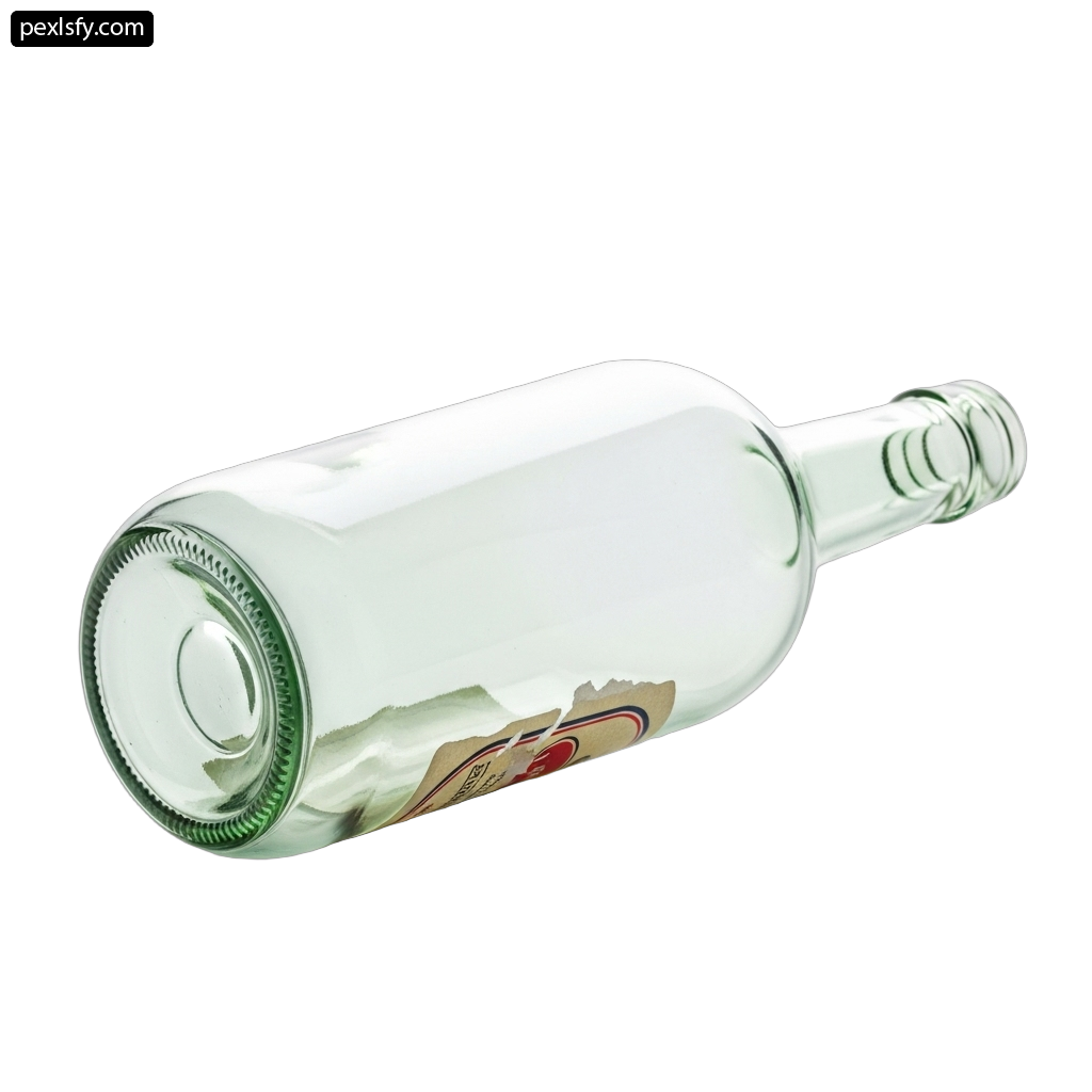 Clear glass bottle with a label on it png transparent background
