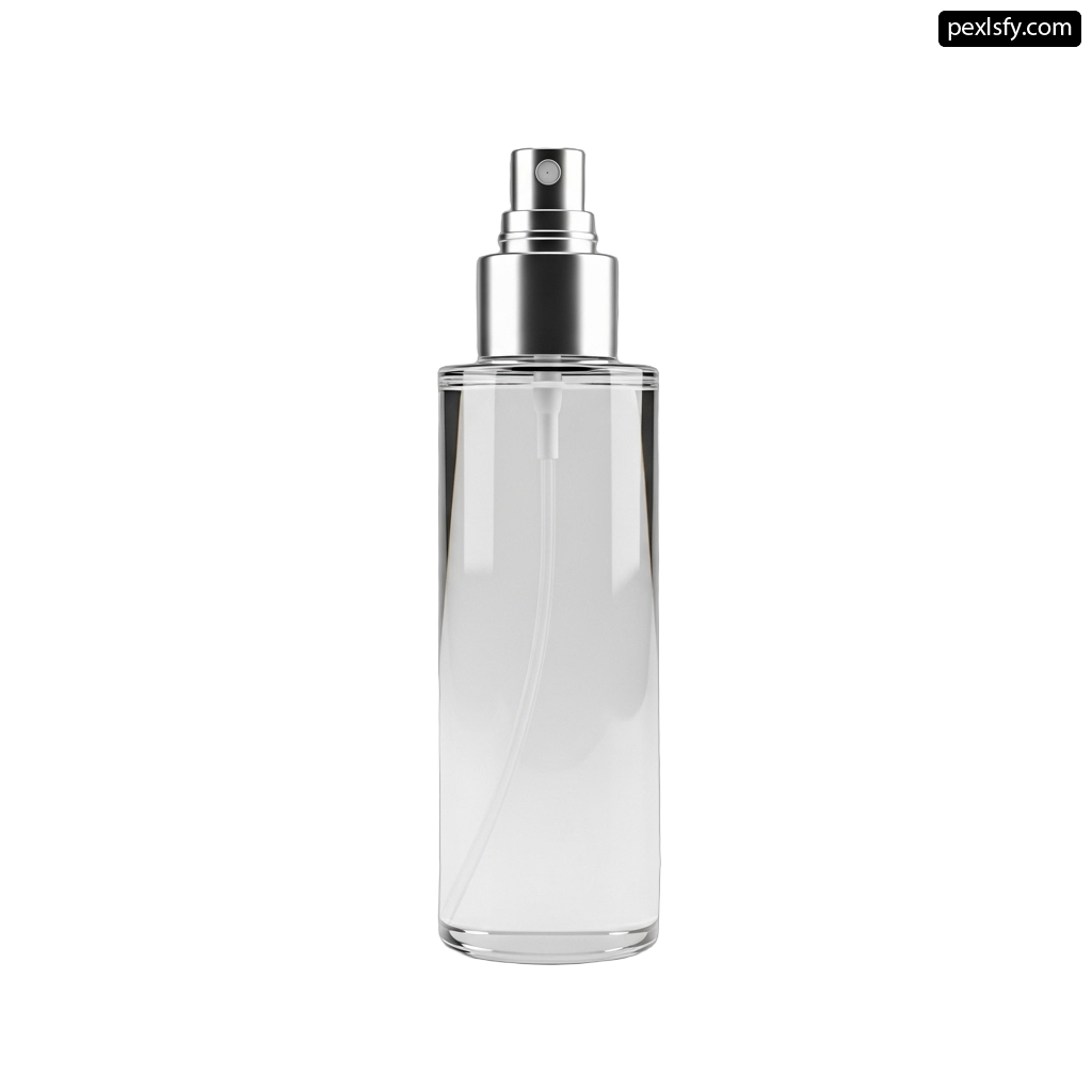 Clear glass bottle with a silver sprayer on it png transparent background