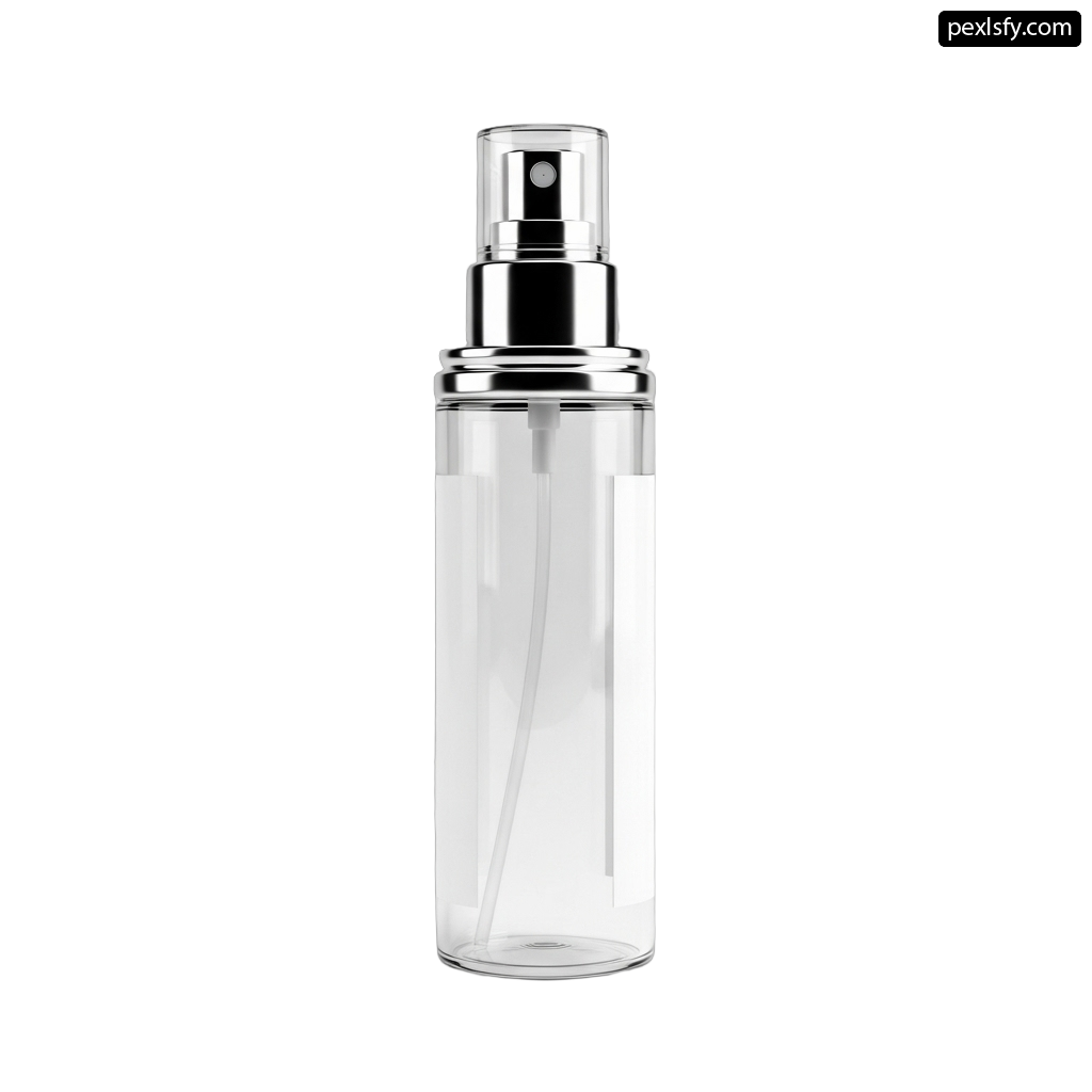 Clear glass bottle with a silver sprayer on it png transparent background