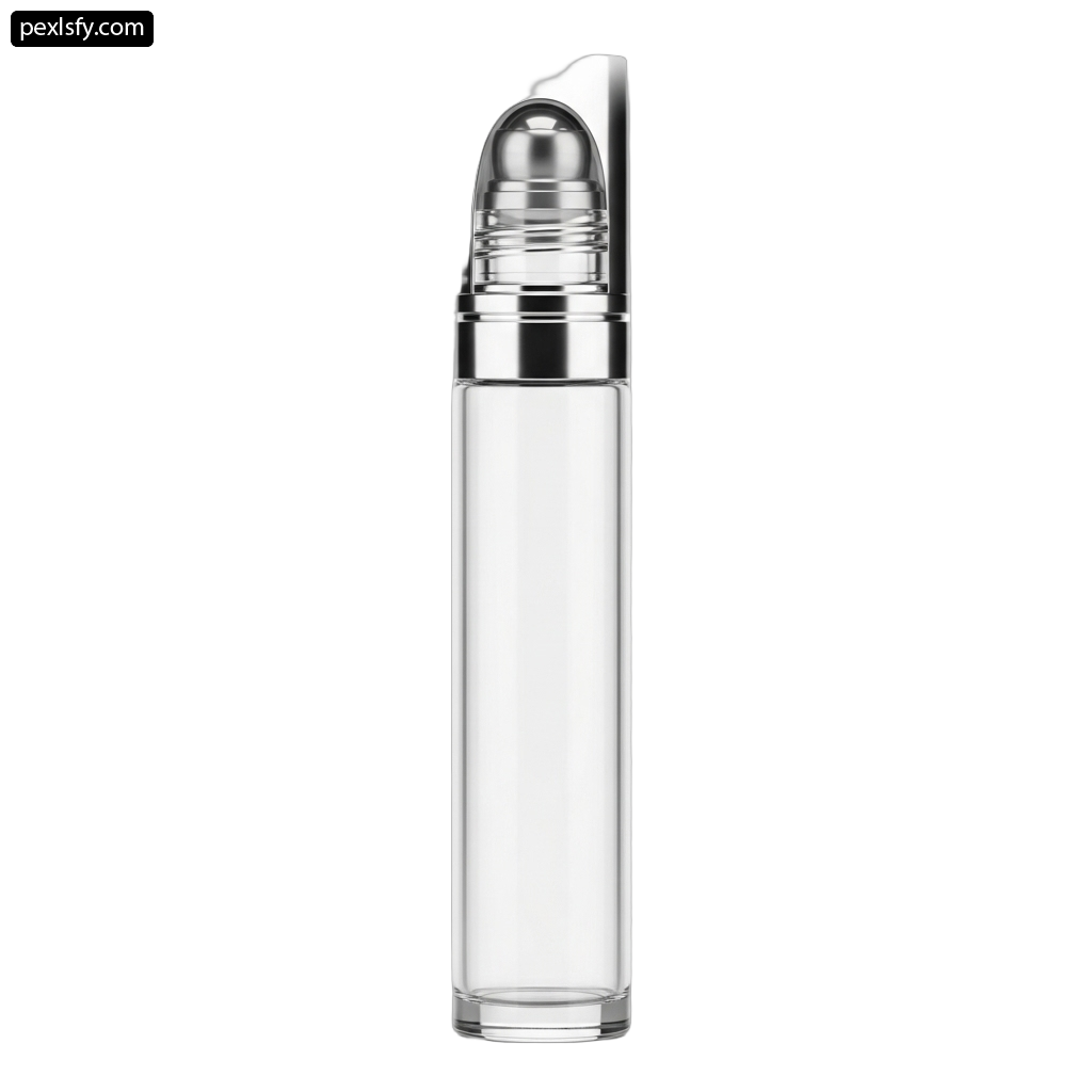 Clear glass bottle with a silver lid on a white background png transparent background