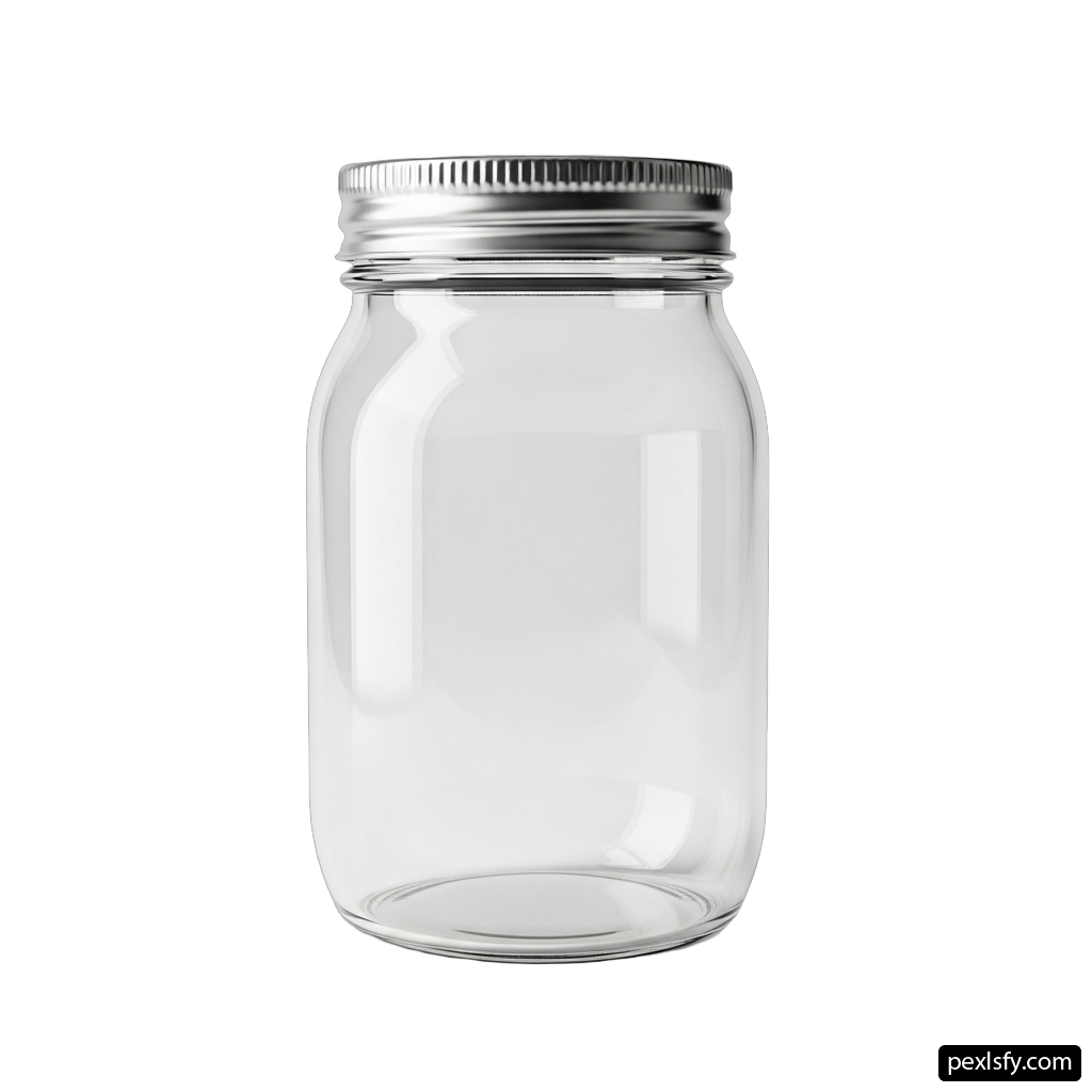Clear glass jar with a silver lid png transparent background