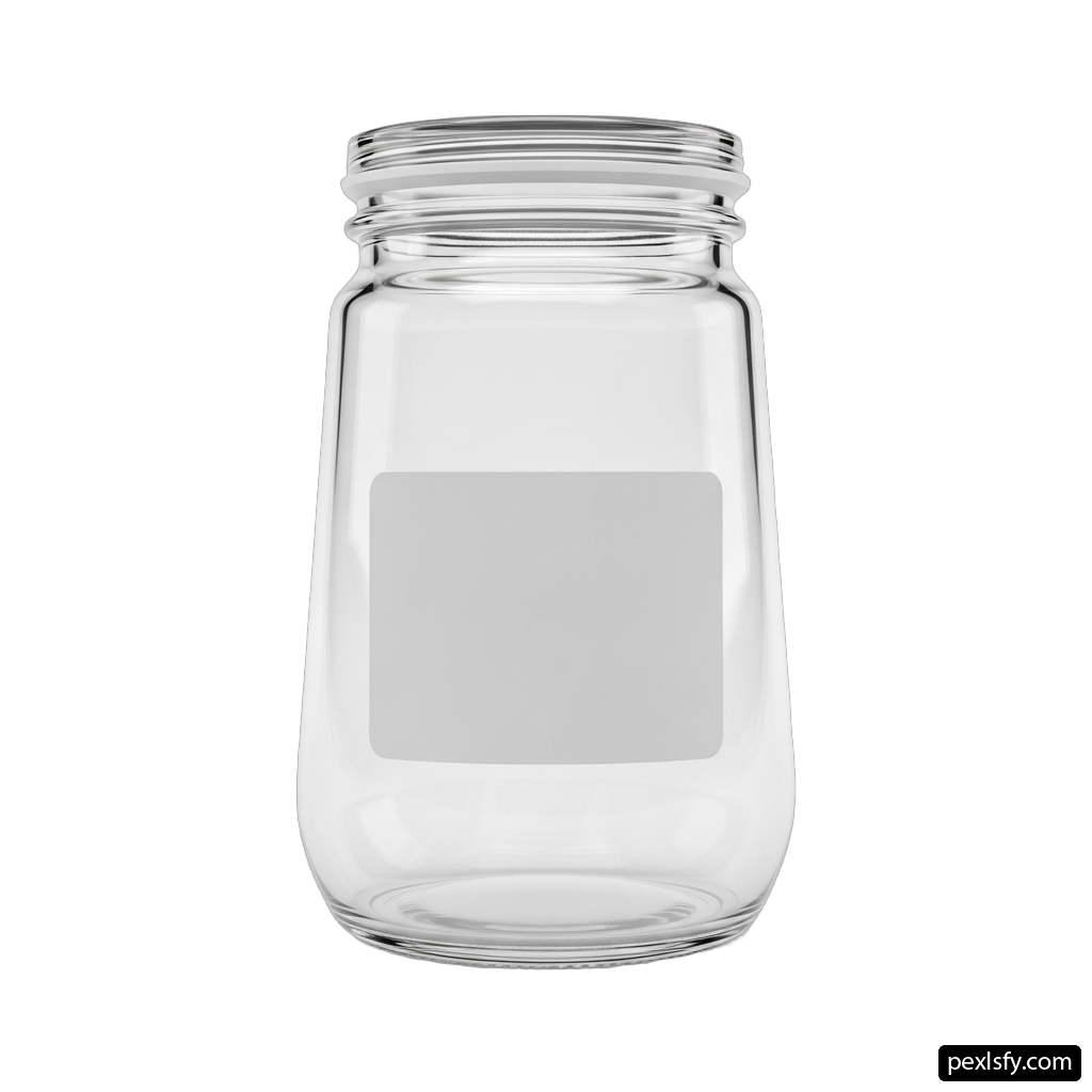 Clear glass jar with a white label on it png transparent background