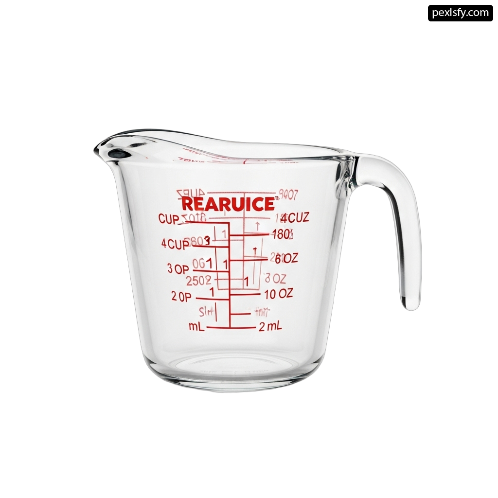 Clear glass measuring cup with measurements on it png transparent background