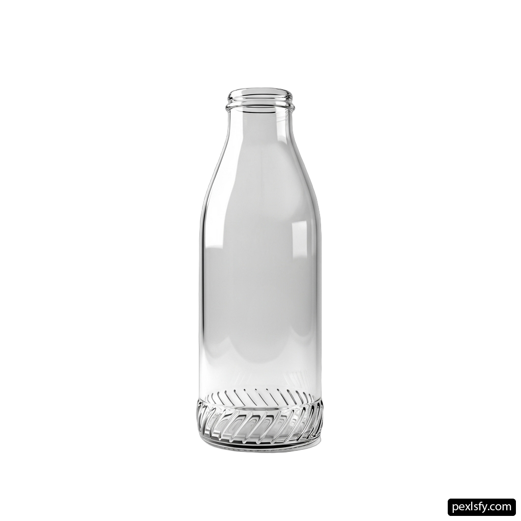 Clear glass milk bottle on a white background png transparent background