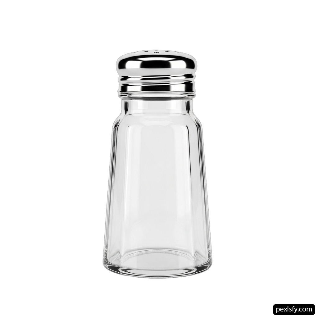 Clear glass salt shaker with a silver lid png transparent background