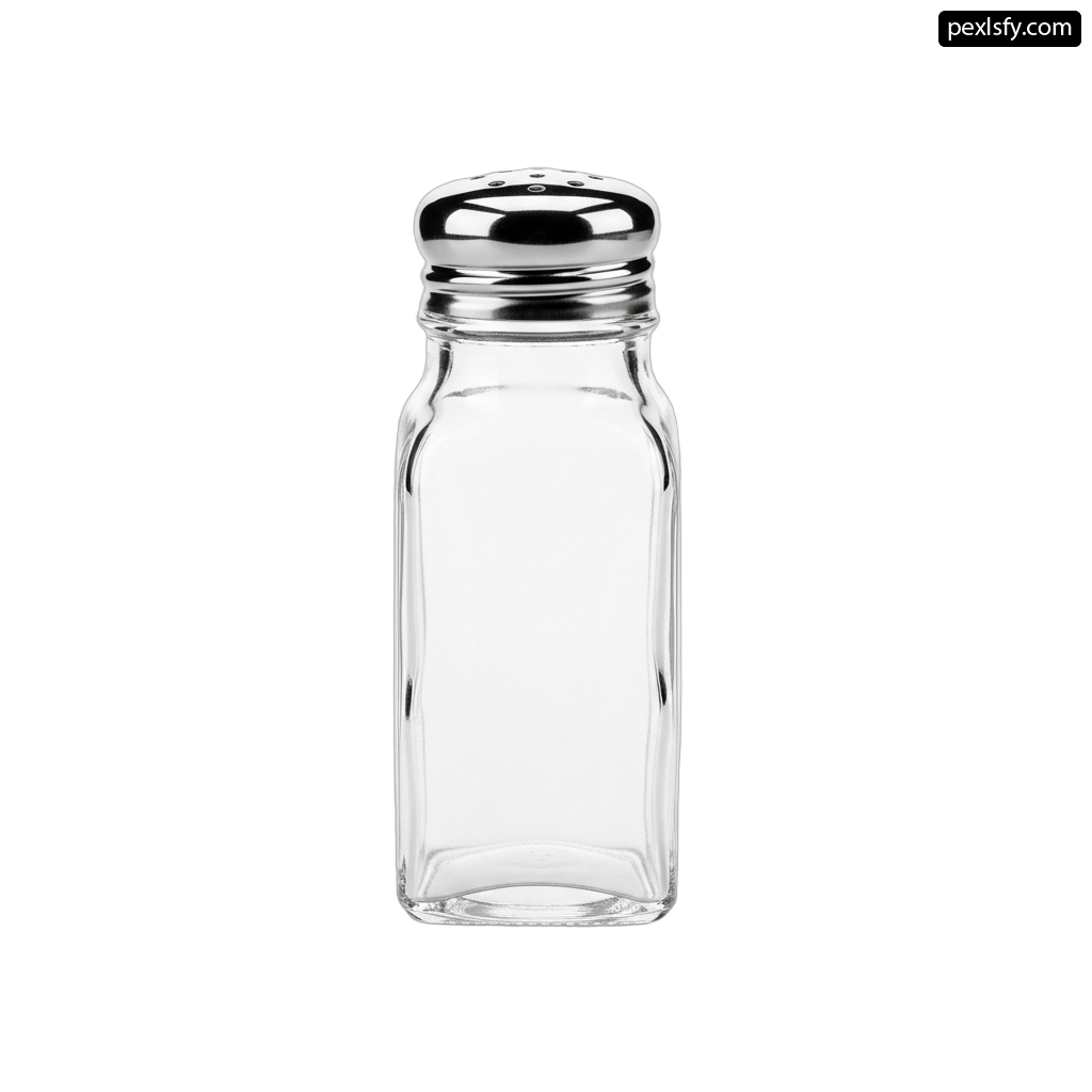 Clear glass salt shaker with a silver lid png transparent background