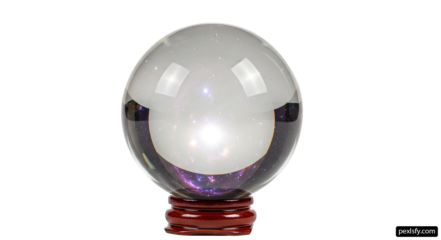 Clear glass sphere on a wooden stand png transparent background