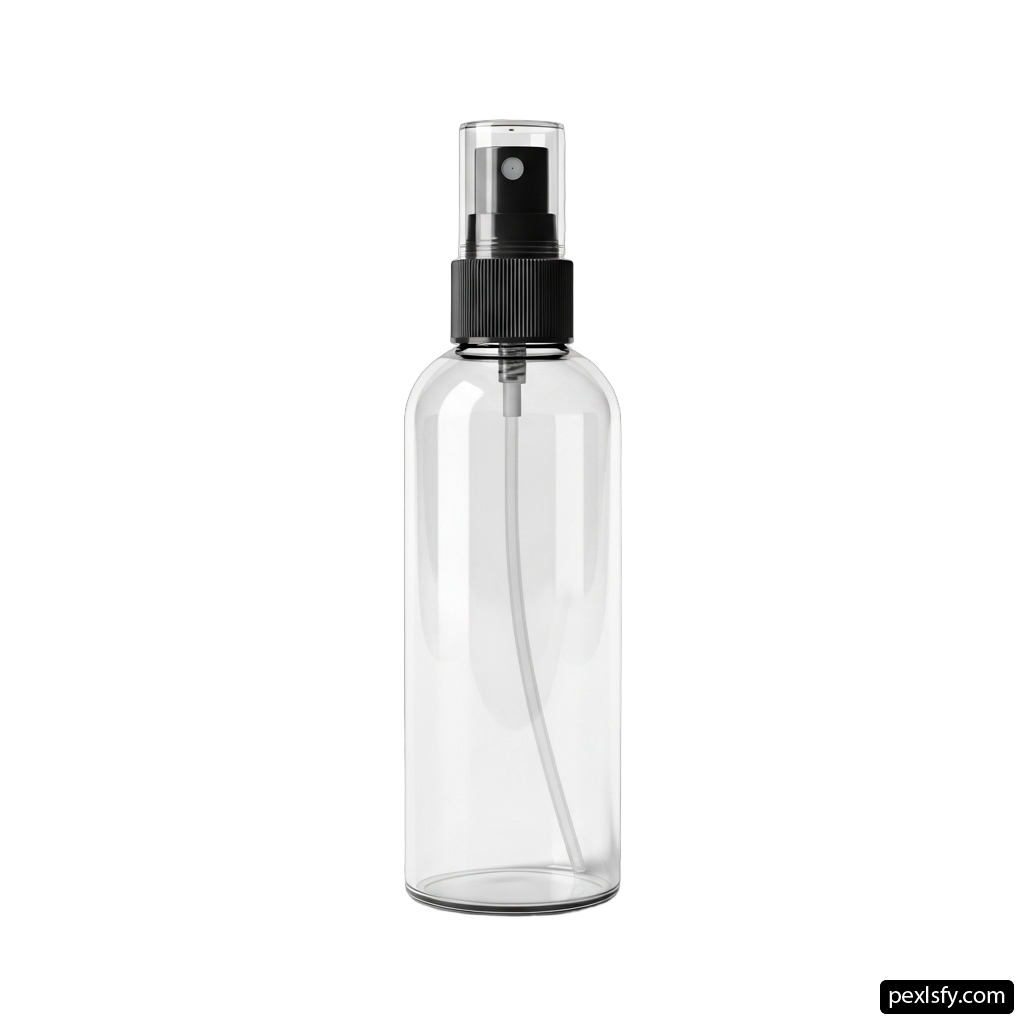 Clear glass spray bottle with a black spray nozzle png transparent background